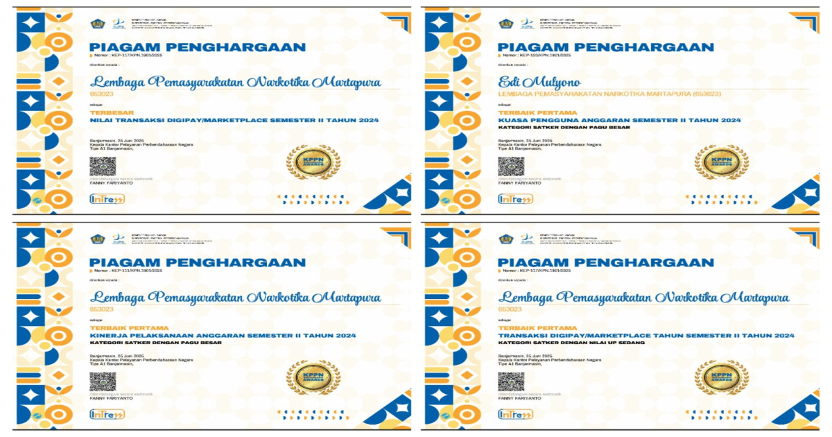 Sabet 4 Penghargaan Sekaligus, Lapas Narkotika Karang Intan Tunjukkan Kinerja Unggul dalam Pengelolaan Anggaran